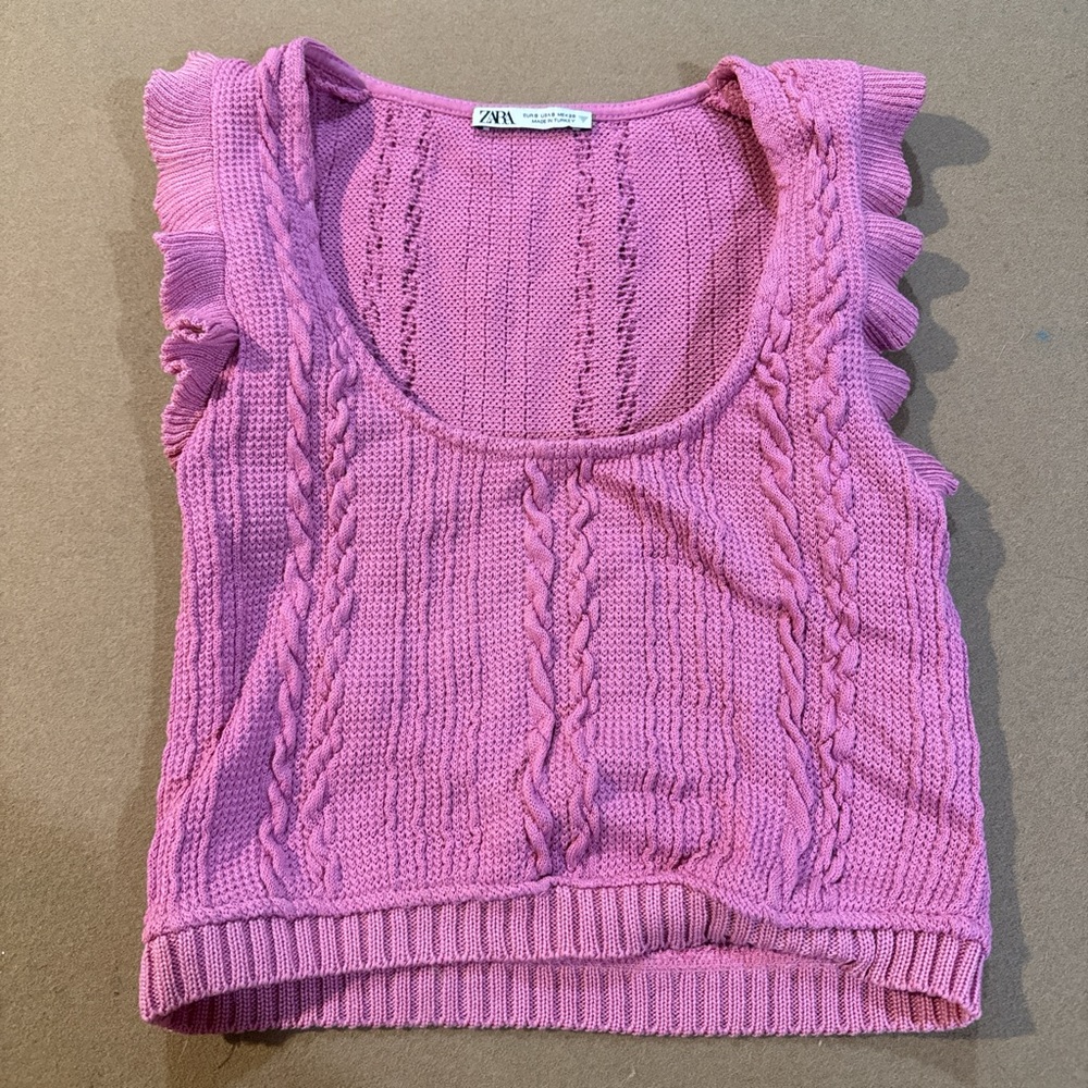 Zara Pink Ruffled Cable Knit Tank Top